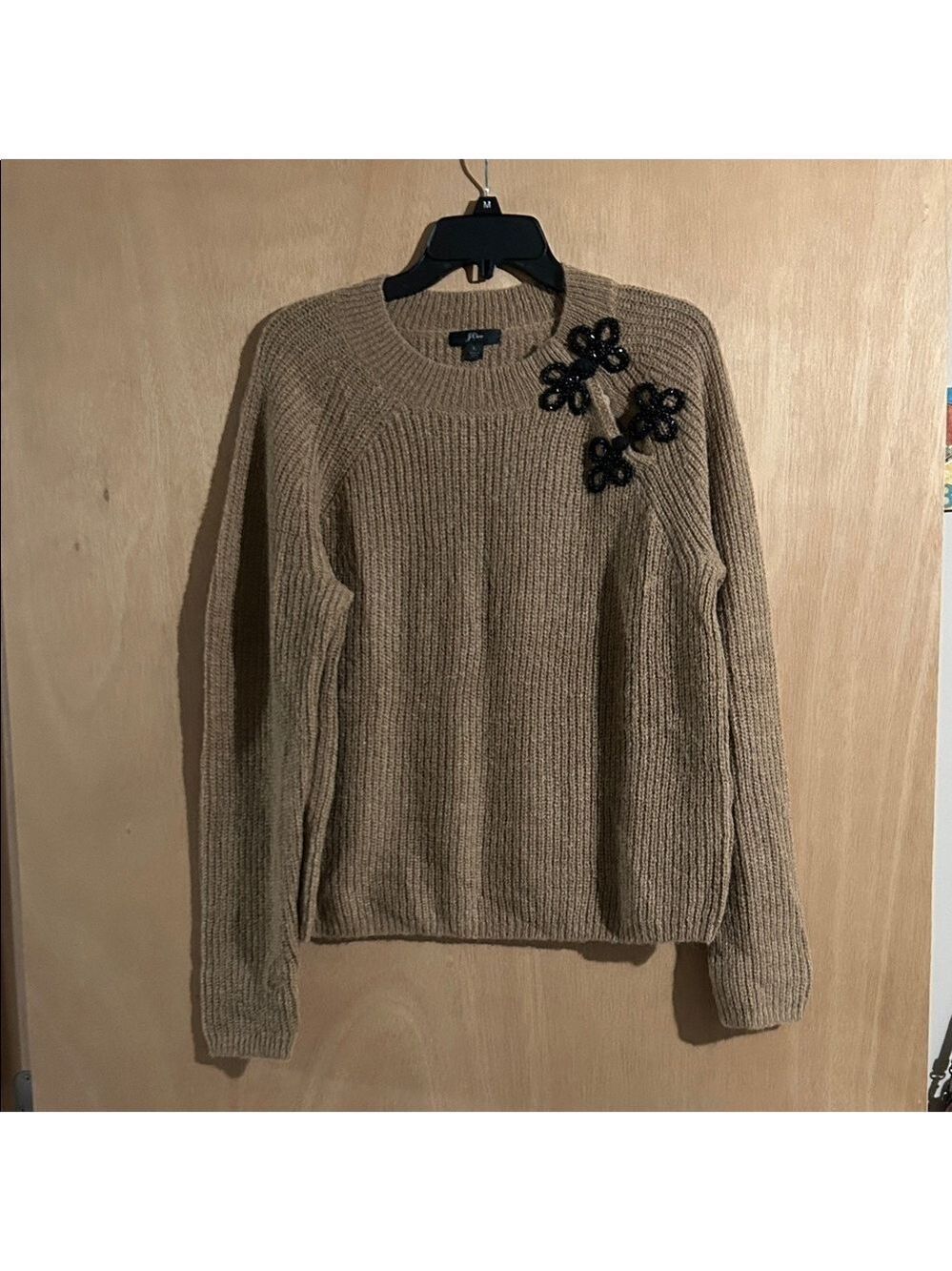 J. Crew Tan Sweater with Black Floral Accents